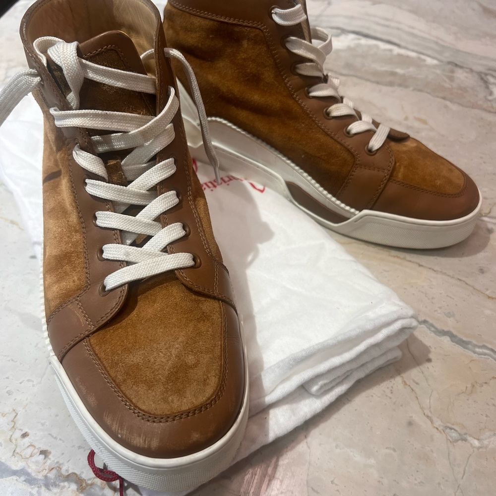 CHRISTIAN LOUBOUTIN Sz 43 Tan Suede White Rubber Sole RANKICK High Top Sneakers - Picture 7 of 8